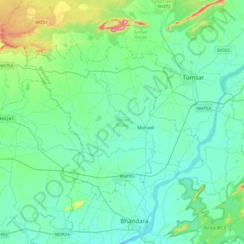 Topografische Karte Mohadi Taluka, Höhe, Relief