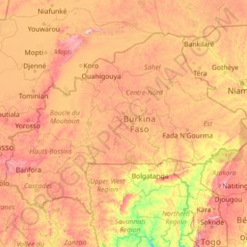 Topografische Karte Burkina Faso, Höhe, Relief