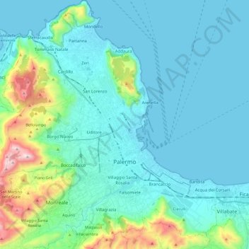 Topografische Karte Palerme, Höhe, Relief
