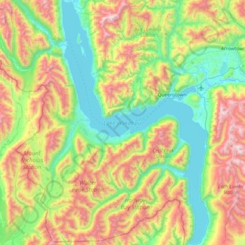 Topografische Karte Lake Wakatipu, Höhe, Relief