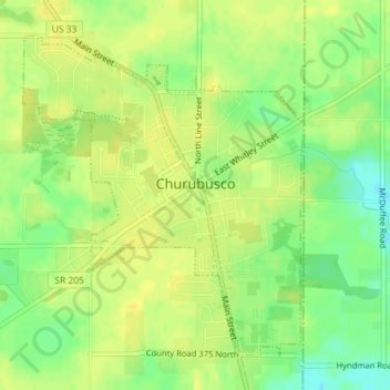 Topografische Karte Churubusco, Höhe, Relief