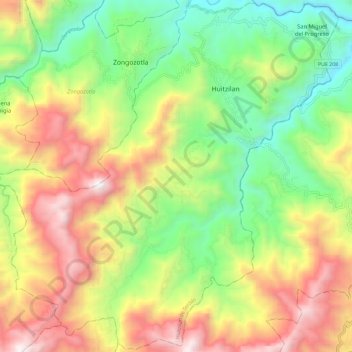 Topografische Karte Huitzilan de Serdán, Höhe, Relief