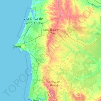 Topografische Karte Santiago do Cacém, Höhe, Relief