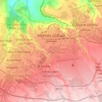 Topografische Karte Meknès, Höhe, Relief