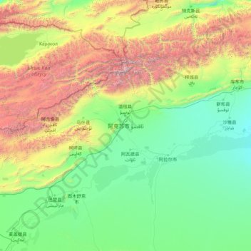 Topografische Karte Aksu Prefecture, Höhe, Relief