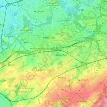Topografische Karte Bochum-Wattenscheid, Höhe, Relief