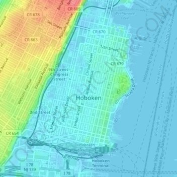 Topografische Karte Hoboken, Höhe, Relief