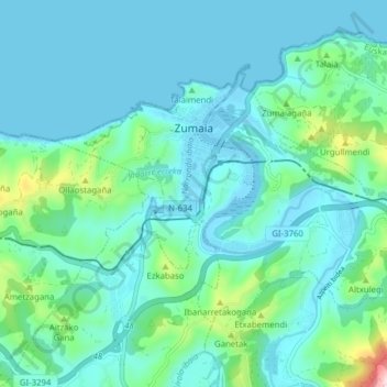Topografische Karte Zumaia, Höhe, Relief
