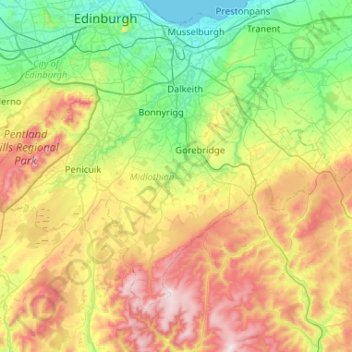 Topografische Karte Midlothian, Höhe, Relief