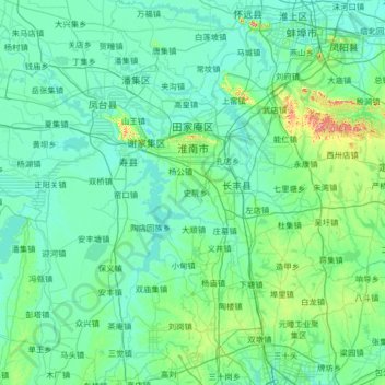 Topografische Karte Huainan City, Höhe, Relief