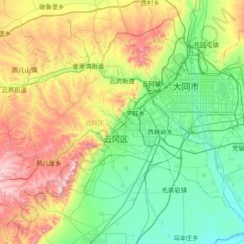 Topografische Karte Yungang District, Höhe, Relief