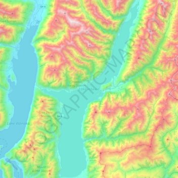 Topografische Karte Lake Hāwea, Höhe, Relief