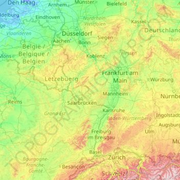 Topografische Karte Rhein, Höhe, Relief