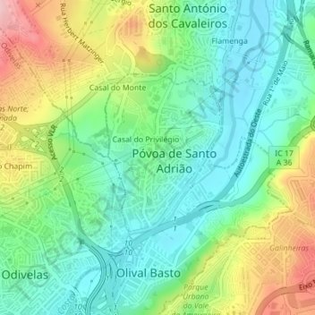 Topografische Karte Póvoa de Santo Adrião, Höhe, Relief