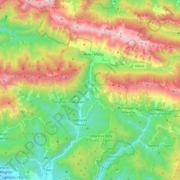 Topografische Karte Lusevera, Höhe, Relief