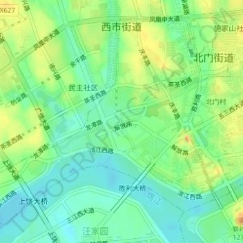 Topografische Karte Xishi Subdistrict, Höhe, Relief