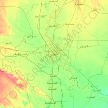 Topografische Karte Baghdad Governorate, Höhe, Relief