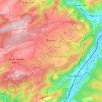 Topografische Karte Bergen, Höhe, Relief