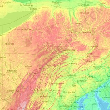 Topografische Karte Pennsylvania, Höhe, Relief