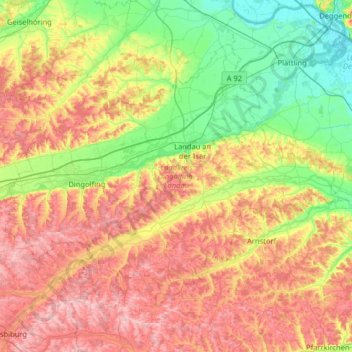 Topografische Karte Landkreis Dingolfing-Landau, Höhe, Relief
