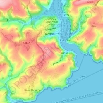Topografische Karte Dartmouth, Höhe, Relief