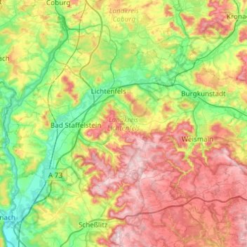 Topografische Karte Landkreis Lichtenfels, Höhe, Relief