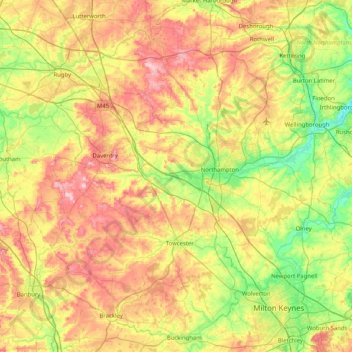 Topografische Karte West Northamptonshire, Höhe, Relief