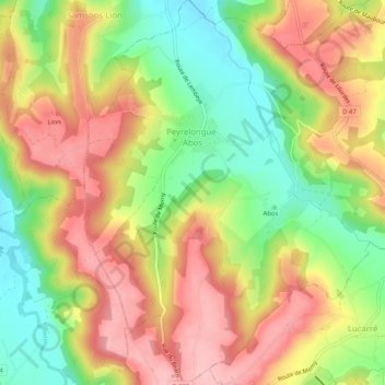 Topografische Karte Peyrelongue-Abos, Höhe, Relief
