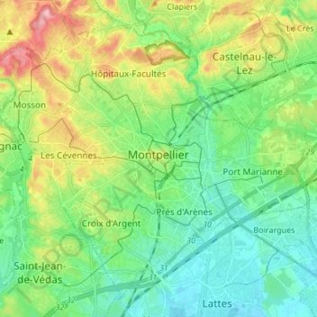 Topografische Karte Montpellier, Höhe, Relief