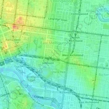 Topografische Karte East Melbourne, Höhe, Relief