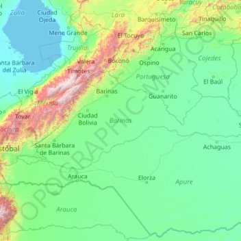 Topografische Karte Estado Barinas, Höhe, Relief