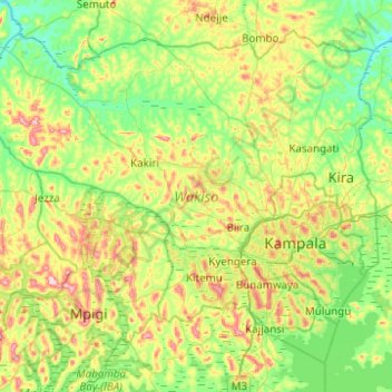 Topografische Karte Wakiso, Höhe, Relief