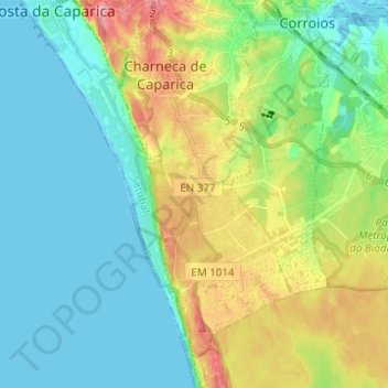 Topografische Karte Charneca de Caparica, Höhe, Relief