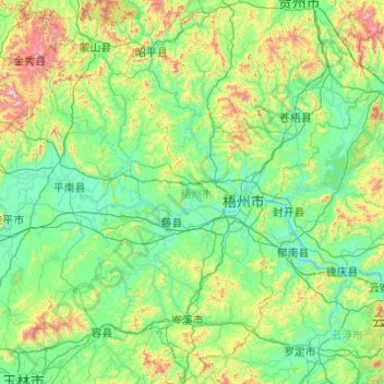 Topografische Karte Wuzhou, Höhe, Relief