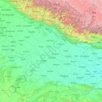 Topografische Karte Uttar Pradesh, Höhe, Relief