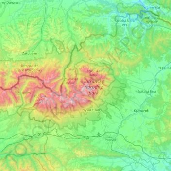 Topografische Karte Tatra Mountains, Höhe, Relief