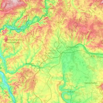 Topografische Karte Landkreis Schweinfurt, Höhe, Relief