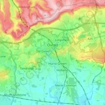 Topografische Karte Oxted, Höhe, Relief