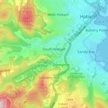 Topografische Karte South Hobart, Höhe, Relief