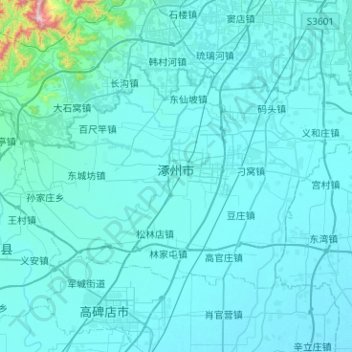 Topografische Karte Zhuozhou City, Höhe, Relief
