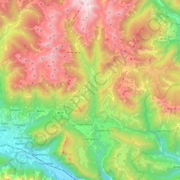 Topografische Karte Cinte Tesino, Höhe, Relief