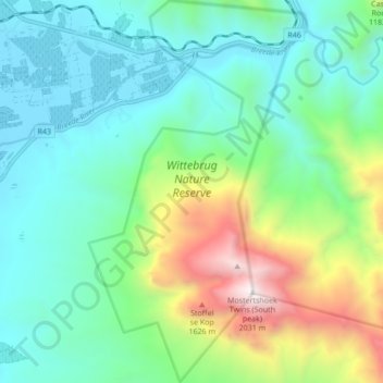Topografische Karte Wittebrug Nature Reserve, Höhe, Relief