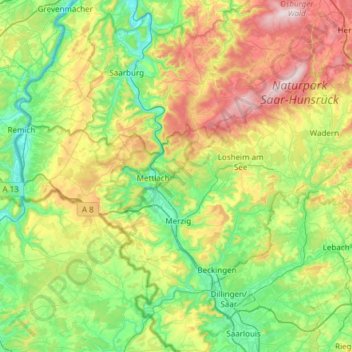 Topografische Karte Landkreis Merzig-Wadern, Höhe, Relief