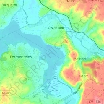 Topografische Karte Pateira de Fermentelos, Höhe, Relief