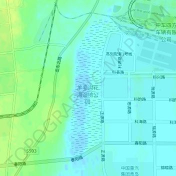Topografische Karte 羊毛沟花海湿地公园, Höhe, Relief
