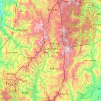 Topografische Karte Upper Agno River Basin, Höhe, Relief