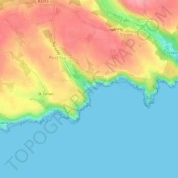 Topografische Karte Porthcurno, Höhe, Relief