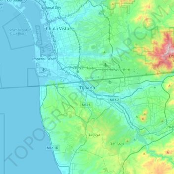 Topografische Karte Tijuana, Höhe, Relief
