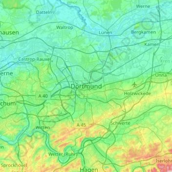 Topografische Karte Dortmund, Höhe, Relief