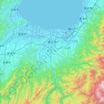 Topografische Karte 富山市, Höhe, Relief
